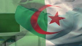 Animation of waving algerian flag over caucasian male wearing surgical mask at hospital surgeon. Healthcare and medical concept. - Powered by Shutterstock - Get 15% off with code: PIKWIZARD15