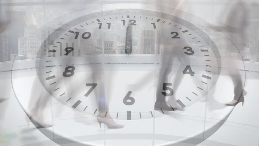 Animation of ticking clock against time-lapse of low section of businesspeople walking at office. Computer interface and business technology concept