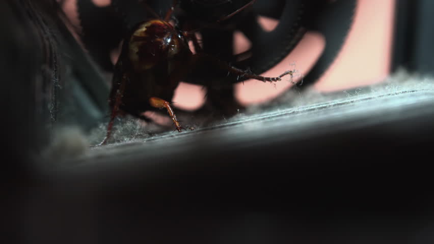 Massive cockroach, Periplaneta americana, hidden in an old and dusty mechanisms, close up