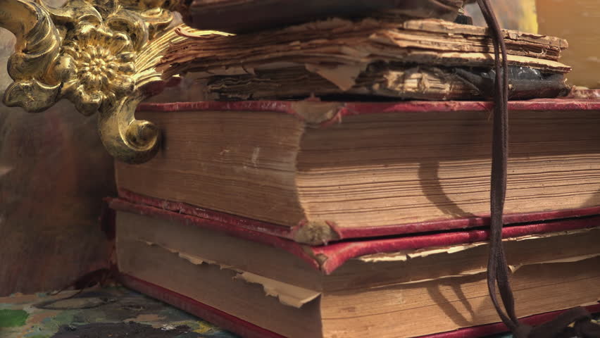 Massive cockroach, Periplaneta americana, exploring space with antique books and old objects