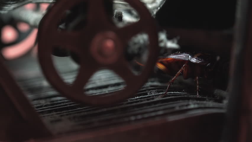 Massive cockroach, Periplaneta americana, hidden in an old and dusty mechanisms, close up