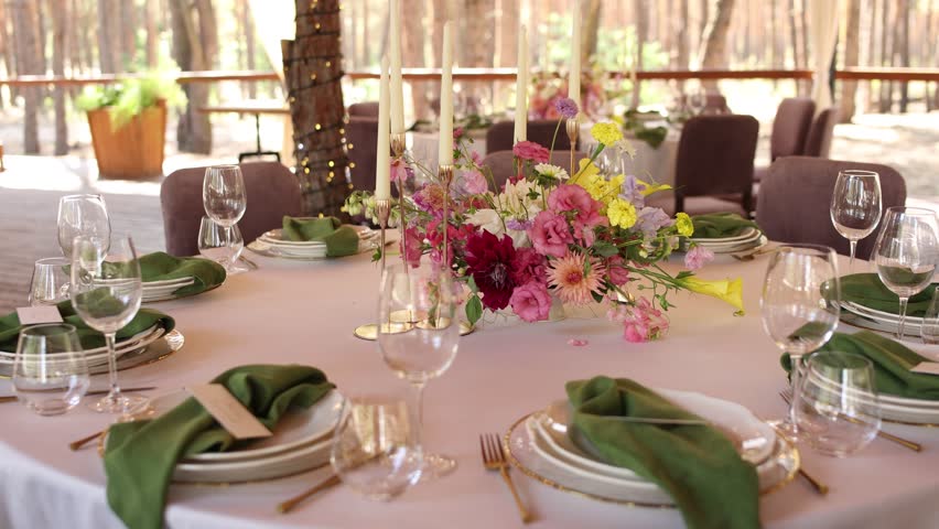  restaurant banquet hall with flower decoration and food and drinks for wedding or birthday party
