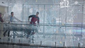 Animation of connected dots and map over diverse doctors rushing patient to emergency room. Digital composite, multiple exposure, communication, global, medical and healthcare concept. - Powered by Shutterstock - Get 15% off with code: PIKWIZARD15