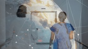 Animation of connected dots around globe over rear view of female doctors running to emergency room. Digital composite, multiple exposure, communication, globalization, medical and healthcare. - Powered by Shutterstock - Get 15% off with code: PIKWIZARD15