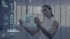 Animation of anatomy interface, connected dots, caucasian woman using futuristic technology. Digital composite, multiple exposure, communication, artificial intelligence, medical and healthcare. - Powered by Shutterstock - Get 15% off with code: PIKWIZARD15