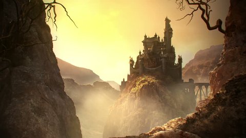 This animation shows a long shot of fantasy castle standing on the hill.