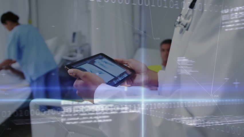 Animation of coding, graphs, data over midsection of caucasian doctor analyzing x-ray in tablet. Digital composite, multiple exposure, hand, healthcare, hospital, investment, technology, report. - Powered by Shutterstock - Get 15% off with code: PIKWIZARD15