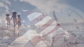 Animation of flag of america and clock over african american mother and children walking on beach. American, summer, family, freedom, time, vacations, travel and patriotism, digitally generated video. - Powered by Shutterstock - Get 15% off with code: PIKWIZARD15
