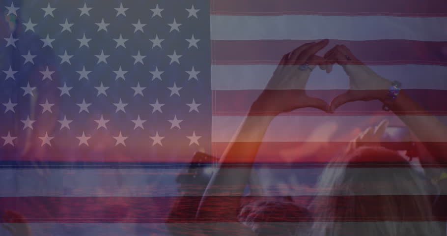 Animation of flag of america over hands of crowd at concert making heart shape and waving. American, entertainment, freedom, free time, music and patriotism, digitally generated video.