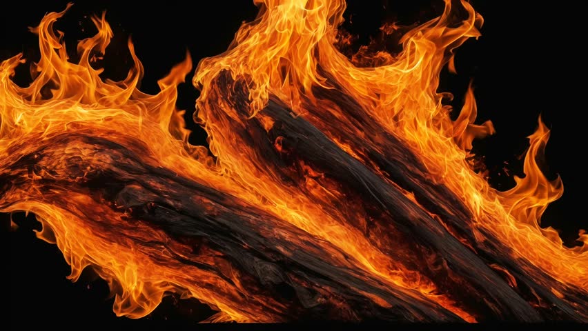 featuring clusters of intensely burning flames. The color of the fire is dominated by orange and bright yellow. The background of the image is pitch black. 4K
