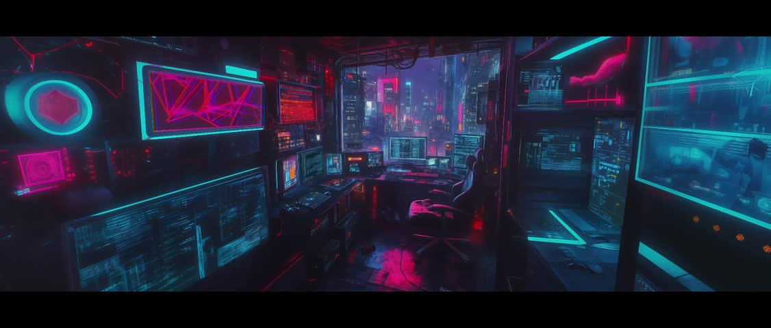 A neon room with a neon city. A good place for hackers. Hackers Neon Cave.