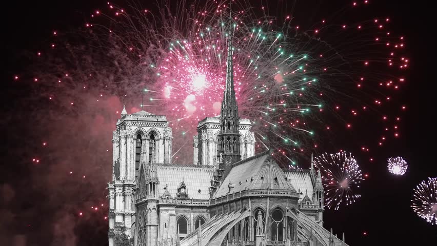 Celebratory fireworks over the Notre Dame de Paris (4K, time lapse), also known as Notre Dame Cathedral or simply Notre Dame, is a Gothic, Roman Catholic cathedral of Paris, France