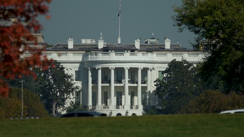 View of the White House in Washington, DC, showcasing its white facade, columns, and windows. Lush green trees and a US flag atop a pole are visible. 