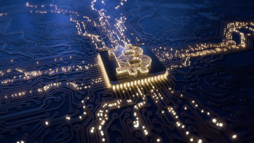 Bitcoin crypto currency digital technology on circuit board. Abstract futuristic 3D render background. Future of money global market exchange. Lightning network transactions. BTC mining concept