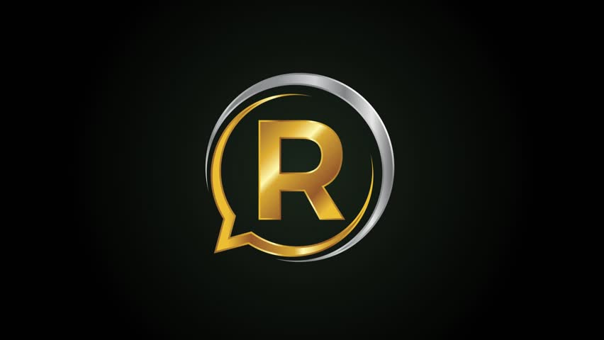 Glossy Logo Reveal Animation: Silver AND Gold Speech Bubble with Letter R on Black Backdrop
