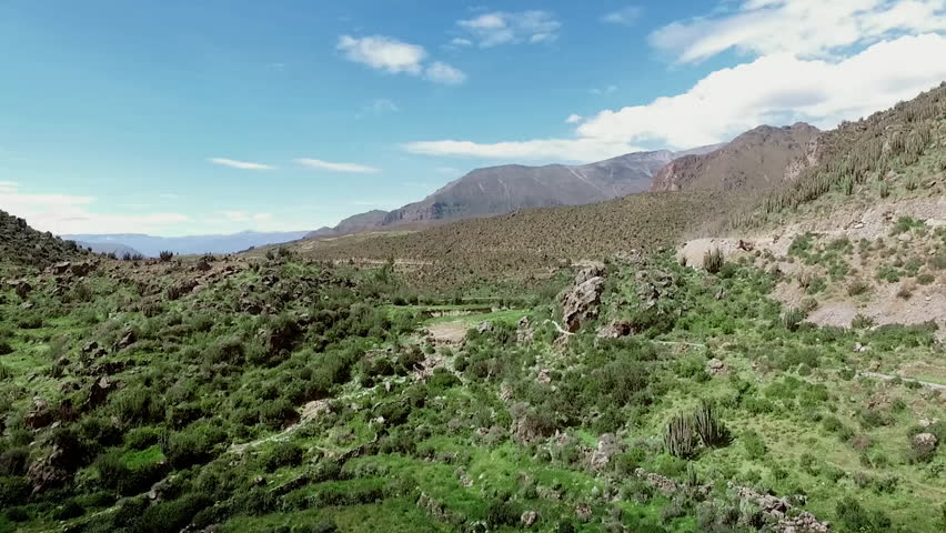 Aerial view of the Colca Canyon valley in Peru along the Andes Mountain range near the town of the Chivay, Arequipa, Peru.