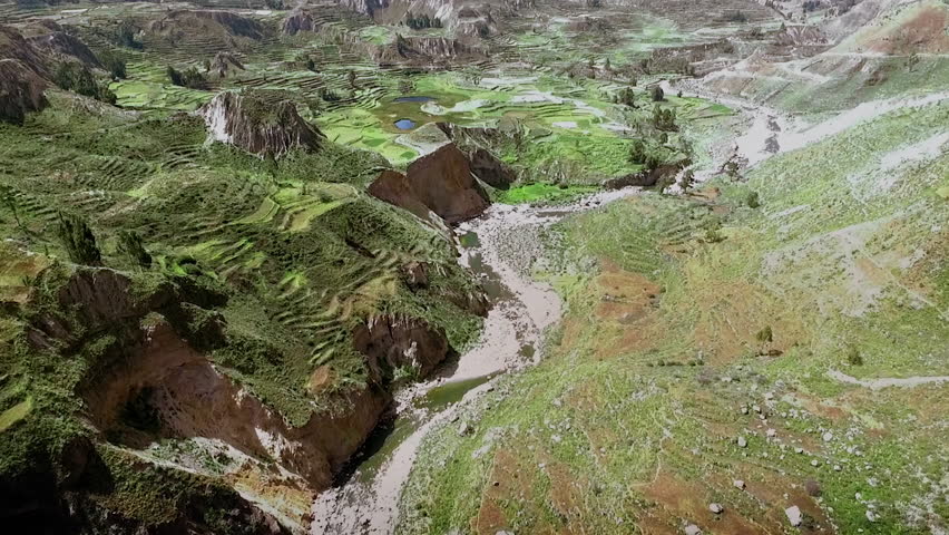 Aerial view of the Colca Canyon valley in Peru along the Andes Mountain range near the town of the Chivay, Arequipa, Peru.