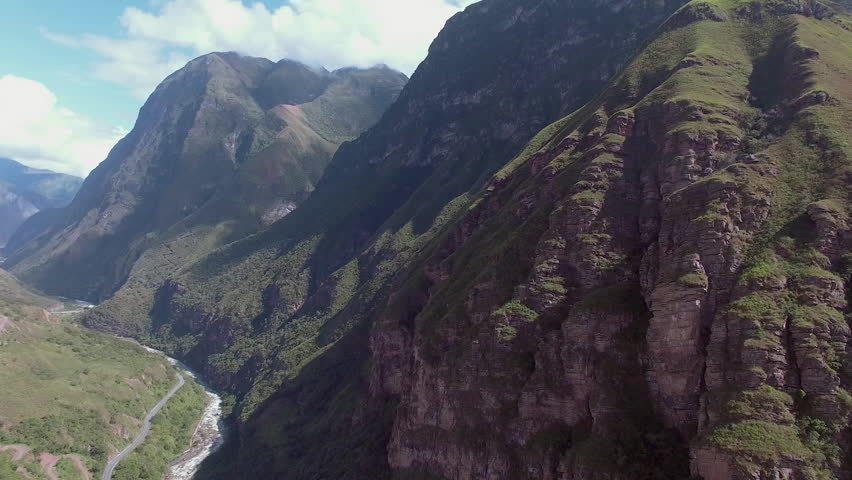 Aerial view of the Colca Canyon valley in Peru along the Andes Mountain range near the town of the Chivay, Arequipa, Peru.