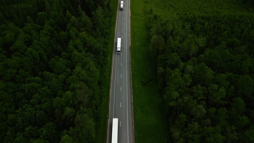 Aerial view shows a truck on a forest road surrounded by greenery, highlighting nature and transportation