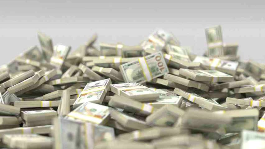 Stack us dollar bill falling on floor 3d illsutration on white background