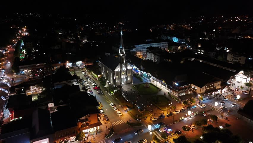Illuminated Church At Gramado In Rio Grande Do Sul Brazil. Illuminated City Landscape. Christmas Decoration. Downtown District. Illuminated Church At Gramado In Rio Grande Do Sul Brazil.
