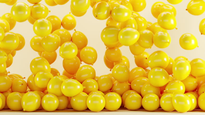 Yellow color of balloons group up falling on white background studio for copy space. 3D Animation. Minimal party celebration concept.