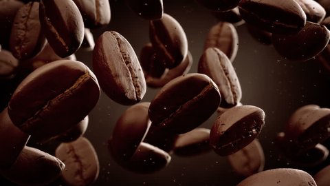 Roasted coffee beans with coffee dust falling down in front of dark background. Slow motion CG animation.