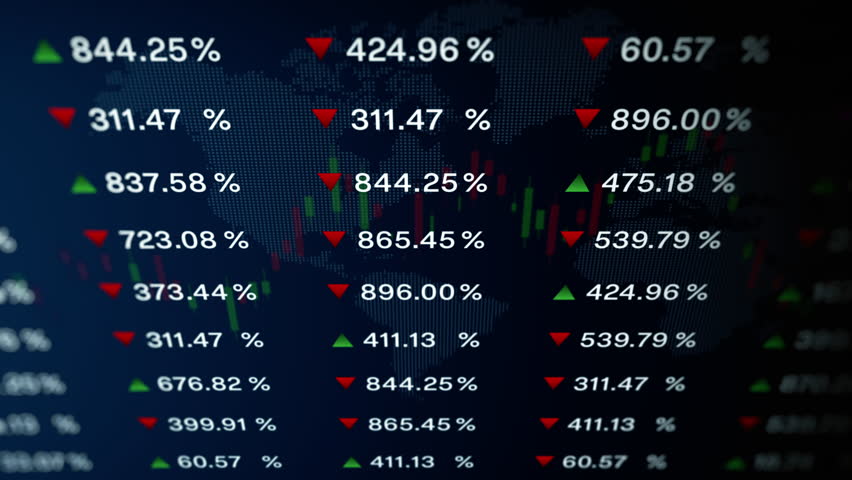 Global stock market data with percentage changes, green and red arrows indicating market trends, overlaid world map background symbolizing global finance. Business and financial investment concept