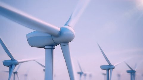 Seamless looping animation of wind turbines spinning