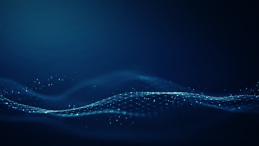 Big Data concept. Elegant blue digital wave with binary particles on a dark background, depicting modern technology and data flow concept. Seamless loop.4K
