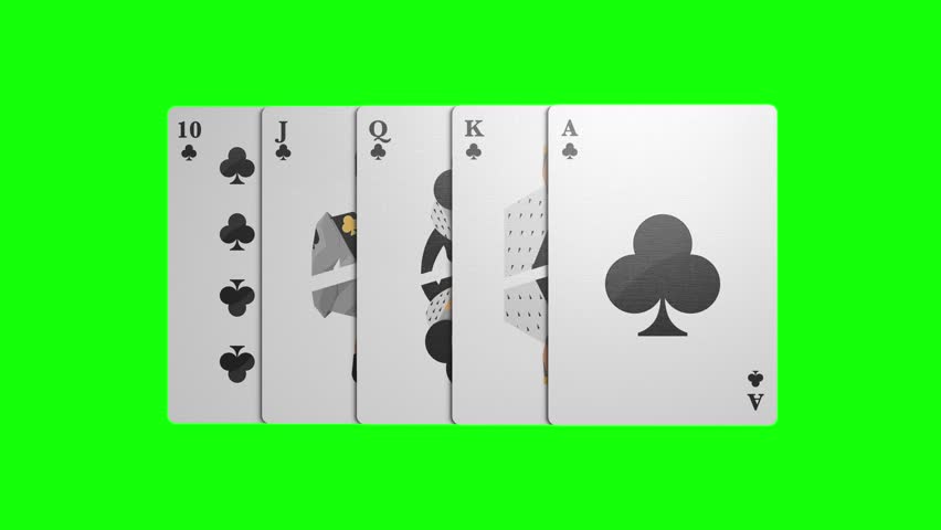 Club Royal Flush card ranking. Casino poker playing cards on green screen background. 4K isolated high quality clip. The combination of playing cards poker casino.