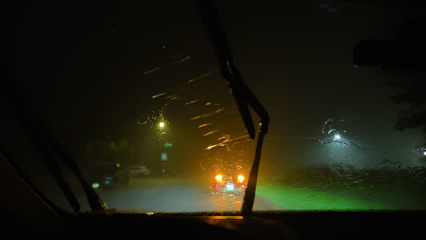 POV footage. Inside car and strong Lightning Strike Outside Car Window in night storm.