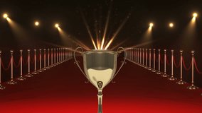 Golden trophy over red carpet with spotlights and stanchions. Award, ceremony, celebration, victory, success, achievement - Powered by Shutterstock - Get 15% off with code: PIKWIZARD15
