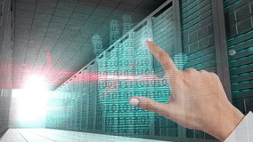 Hand interacting with digital interface over server room, data processing concept. Technology, innovation, cybersecurity, networking, digital transformation, automation - Powered by Shutterstock - Get 15% off with code: PIKWIZARD15