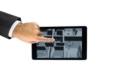 Pointing at digital tablet, hand navigating 3D city model over urban landscape. Technology, innovation, touchscreen, 3D modeling, urban planning, architecture - Powered by Shutterstock - Get 15% off with code: PIKWIZARD15