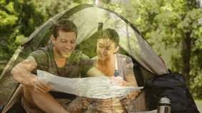 Camping couple reading map over forest animation. outdoors, adventure, exploring, navigation, travel, hiking - Powered by Shutterstock - Get 15% off with code: PIKWIZARD15