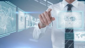 Touching digital screen, businessman interacting with futuristic data processing animation. Technology, innovation, interaction, touchscreen, interface, modern - Powered by Shutterstock - Get 15% off with code: PIKWIZARD15