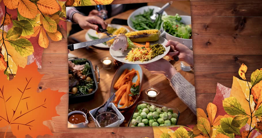Animation of autumn leaves and thanksgiving turkey dinner background. Thanksgiving, autumn, fall, festivity, celebration and american tradition concept digitally generated video.