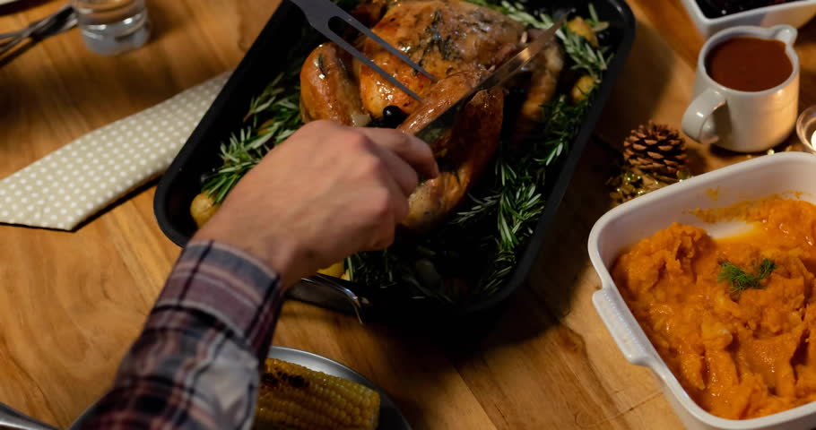 Animation of happy thanksgiving day text over autumn leaf and turkey dinner background. Thanksgiving, autumn, fall, festivity, celebration and american tradition concept digitally generated video.