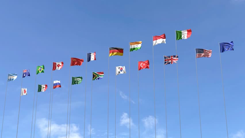 G20 country flags waving in the sky, Flag of Group of 20 looping video