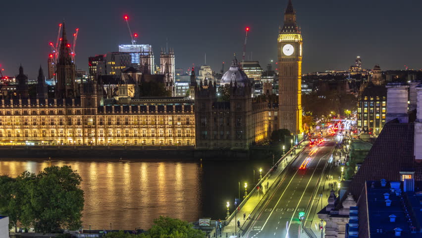 Timelapse of traffic and people crossing westminster bridge next to the houses of parliament and big ben, london, UK