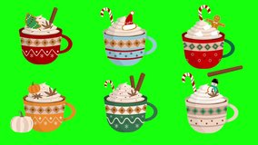 Merry Christmas cute mugs animated set with hot cocoa or coffee, sweet cream, gingerbread cookies, candy canes, cinnamon sticks and vanilla. Isolated decorative holiday coffee cups with ornaments.  - Powered by Shutterstock - Get 15% off with code: PIKWIZARD15
