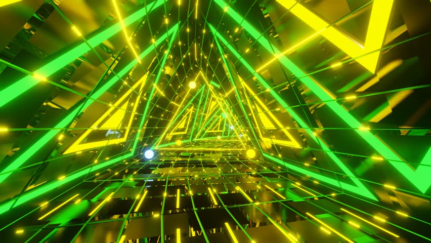 An abstract 3d animated VJ loop background of a green-yellow futuristic neon triangle tunnel with glowing particles - Powered by Shutterstock - Get 15% off with code: PIKWIZARD15