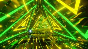 An abstract 3d animated VJ loop background of a green-yellow futuristic neon triangle tunnel with glowing particles - Powered by Shutterstock - Get 15% off with code: PIKWIZARD15