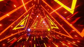 An abstract 3d animated VJ loop background of a red-yellow futuristic neon triangle tunnel with glowing particles - Powered by Shutterstock - Get 15% off with code: PIKWIZARD15