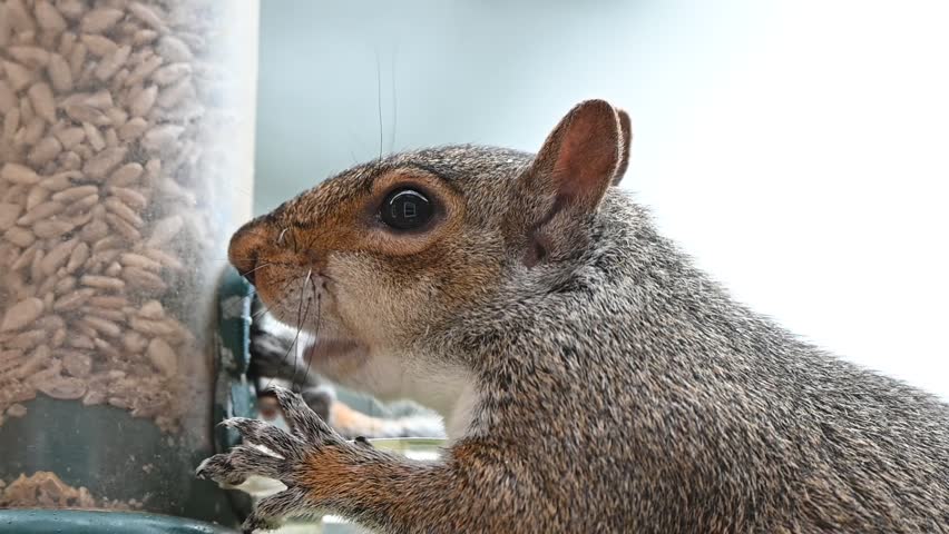Grey Squirrel (Sciurus carolinensis) eating peanuts from a garden bird feeder. July, Kent, UK [Half speed]