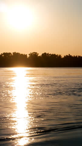 Sunset behind the trees on the opposite bank of the river. Lens flare. Vertical video time lapse