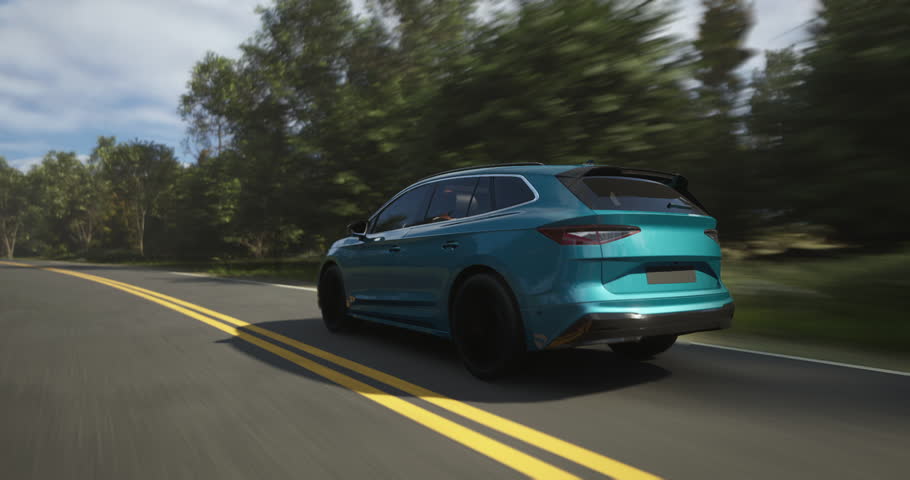 Electric SUV driving on a sunny, winding countryside road with wind turbines in the background. The scene captures eco-friendly travel, showcasing renewable energy and nature in motion
