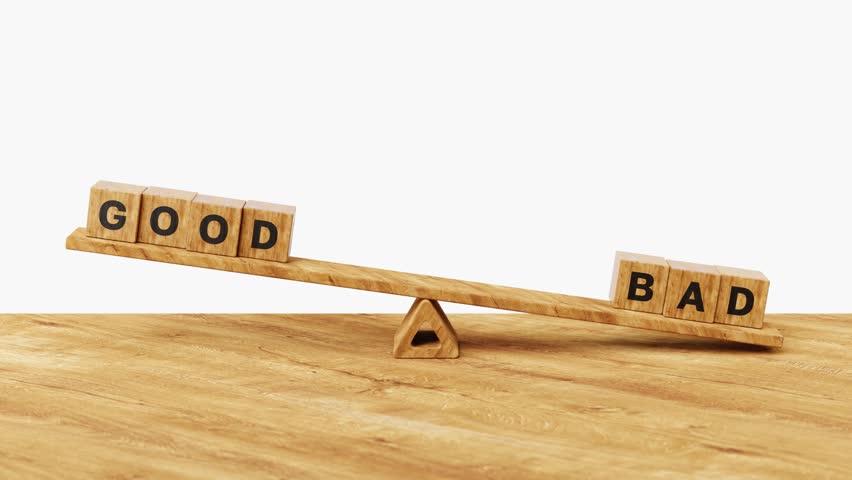 3D good vs bad on balance scales. Different choices, accept or decline, comparison or suggestion concept. 4K 3D loop animation