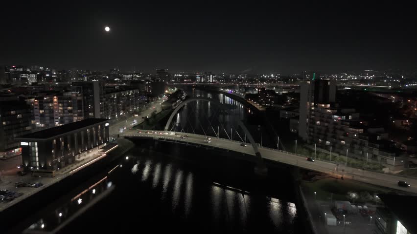 Historic Glasgow cityscape night scenery, famous landmarks, aerial